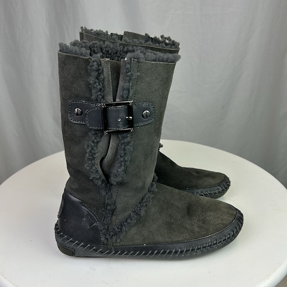 Tory Burch Moccasin Style Suede Shearling Boots with Buckles - Picture 8 of 13